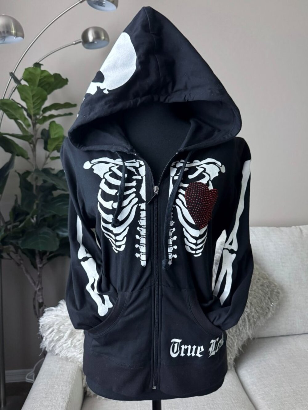 New Women's Juniors Black Bling Crystal Skeleton Skull Heart Jacket Hoodie XL
